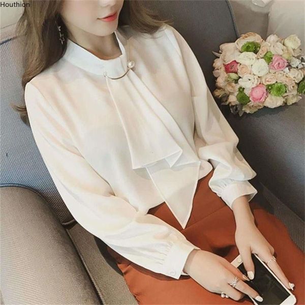 

women's blouses & shirts houthion fashion summer blouse solid comfortable stand-up collar long sleeve korean lady blusas, White