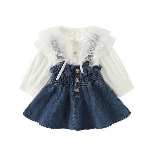 

1 5y kids baby girl clothes suits princess girls outfits spring blouse overalls strap denim dress set, White