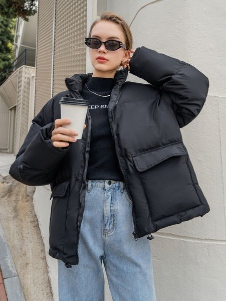 

coldbreak zipper front drawstring hem flap pocket puffer coat a4st#, Black