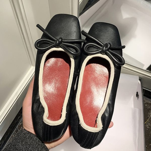 

Womens genuine leather elastic slip-on ballerinas pleated soft comfortable bowtie korean style square toe casual daily shoesDress Shoes, Beige