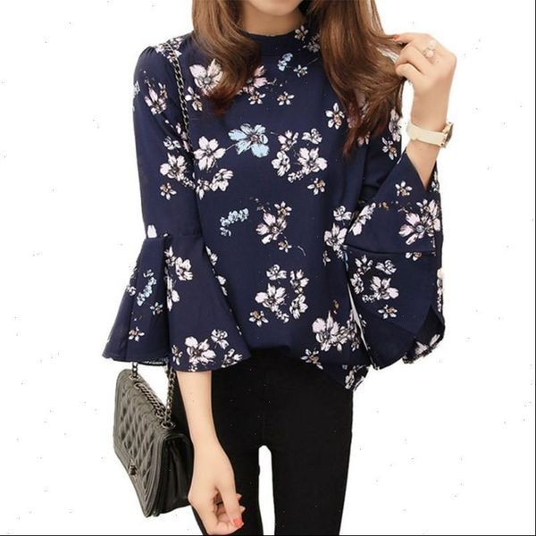 

autumn blouse women floral print chiffon flare sleeve shirts ladies office fashion chemise womens and blouses, White