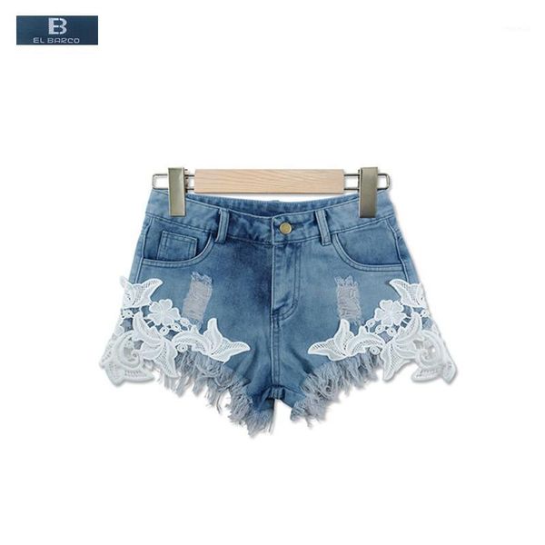

[el barco] summer cotton flower appliques sweet shorts female ripped holes blue casual denim jeans women soft trousers size 2xl women's, White;black