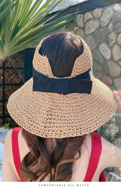 

wide brim hats 202103-ya summer handmade paper big wind without sunshade beach holiday lady sun cap women leisure hat, Blue;gray