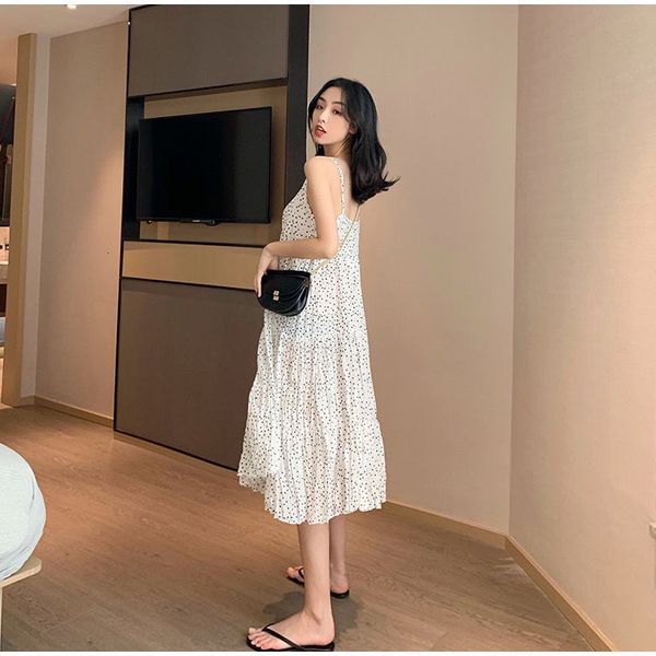 

luxury casual dresses 2021 summer french waist closing slim loose wave point versatile pleated suspender drs a-line skirt, Black;gray