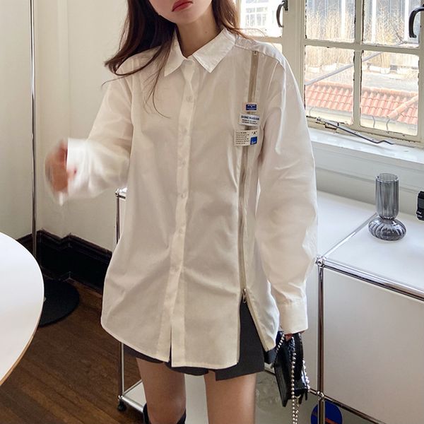 

new 2021 spring autumn women's blouse fashion office lady style loose zipper shirt women (f4246 ph5s, White