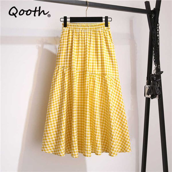 

qooth retro plaid irregular stitching skirt with pocket high waist pleated mid-length elastic all match qt720 210609, Black