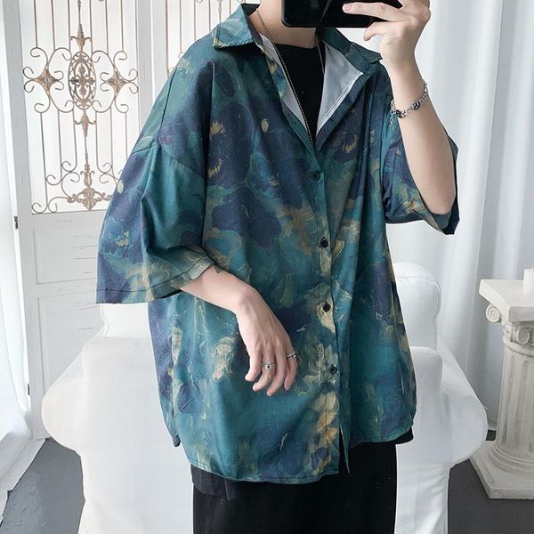 

men's casual shirts summer loose men shirt male personality printing ice silk short sleeve outdoor trend breathable, White;black