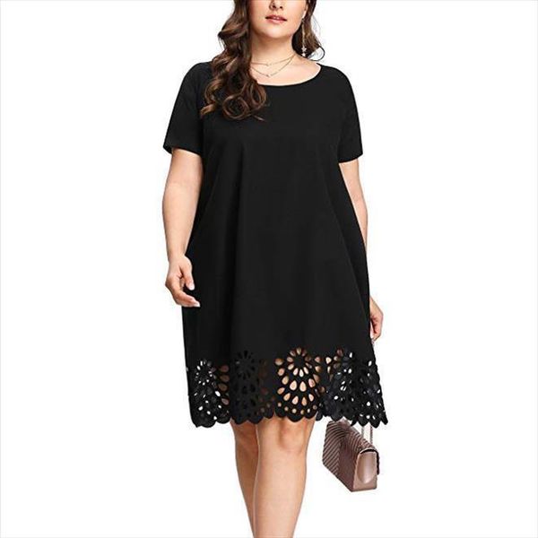 

solid color round neck women dress short sleeve plus size fashion hollow casual q6, Black;gray