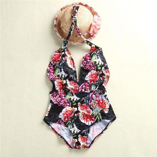 

one-piece suits 2021 women swimwear halter one piece push up swimsuit beach swim bathing bodysuit printed beachwear