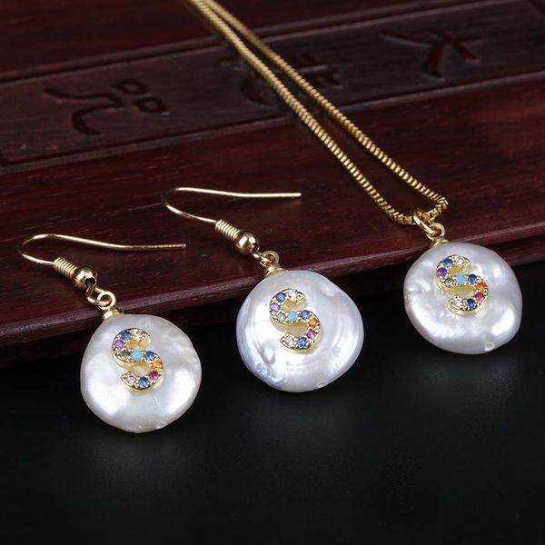 

earrings & necklace jewelry set multi color cz tiny initial 26 alphabet letter name charm freshwater pearl charms dainty choker earring, Silver