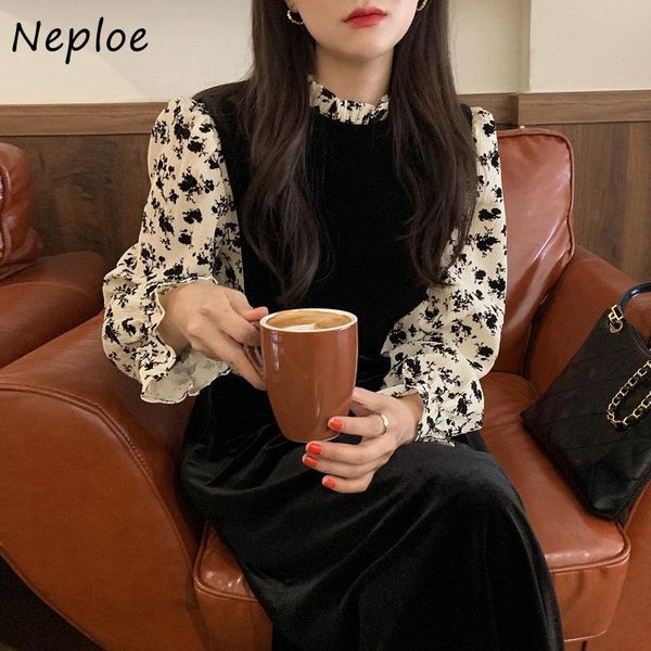 

casual dresses neploe ladies autumn elegant temperament dress women stand collar floral print flare sleeve robe fake two-piece velvet, Black;gray
