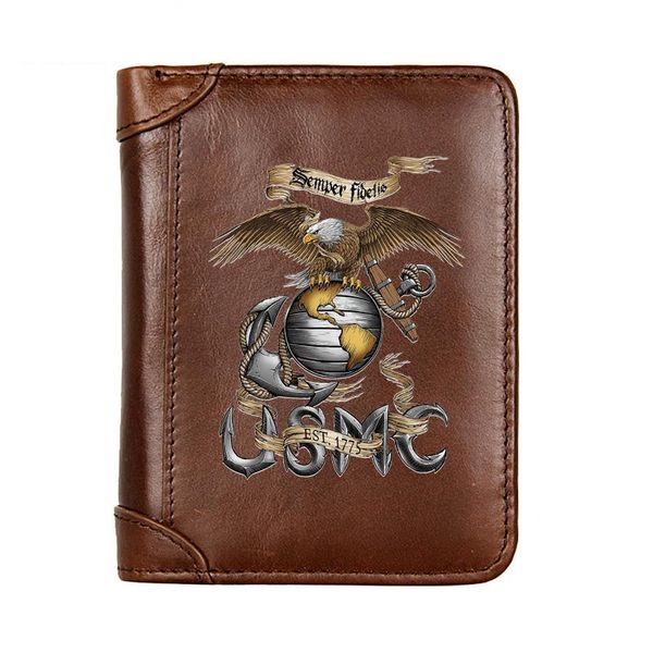 Brieftaschen Luxus Echtes Leder Brieftasche Männer United States Marine Corps Sempre Fidelis Tasche Schlanke Kartenhalter Männliche Kurze Geldbörsen Geschenke