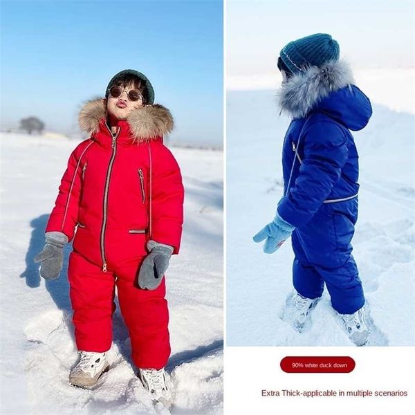 -30 graus inverno infantil's Childress Down Jacket Girl Boy Jumpsuit Ski Girls 'Water Water Water' Duck 211027