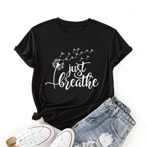 

women's t-shirt colored cotton summer tshirt just breathe dandelion print women short sleeve female tee kawaii clothes, White