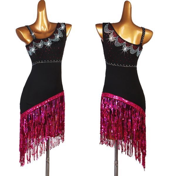 

latin dance dress new women performance clothing rhinestone dress rhodo fringe skirt competition rumba cha cha stage wear 1484, Black;red