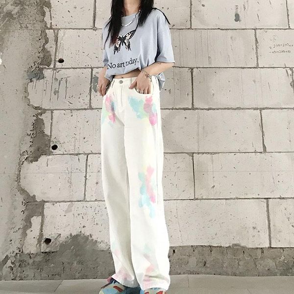 

women's jeans varofi pants women ins white tie-dyed straight leg trousers loose high waist plus size student wide-leg fall 2021, Blue