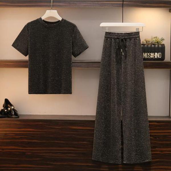 

women's tracksuits plus size 4xl fashion sets short sleeve t-shirt and wide leg pants 2021 summer ladies bright wire knitted 2 pcs set, Gray