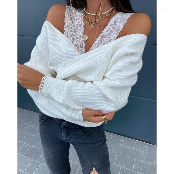 

women's sweaters casual women autumn knitwear spring winter 2021 solid color long sleeve lace straps v-neck open-shoulder pullover swea, White;black
