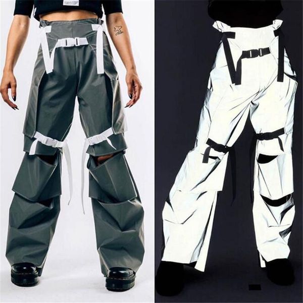 

women's pants & capris personality strap hole high waist flash reflective women hip hop dance show party night jogger baggy trousers, Black;white