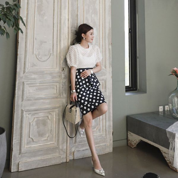 

new arrival fashion sets for women summer elegant chiffon puff sleeve and skirt temperament office lady slim two piece set cuyo, Black