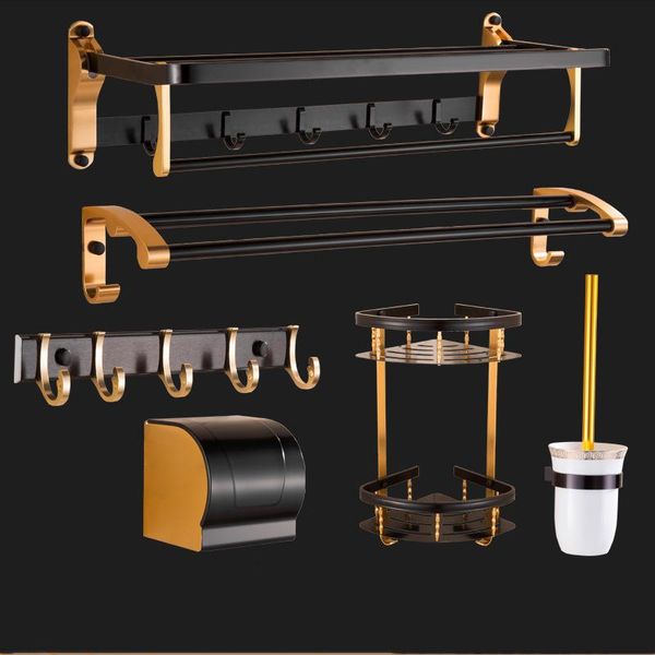 

bath accessory set black gold aluminum bathroom accessories toilet paper holder towel rod bar shelf brush rack storage shower caddy hooks
