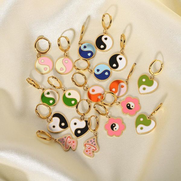 

hoop & huggie stainless steel enamel mushroom earrings simple flower yin yang tai chi for women girls fashion jewelry, Golden;silver