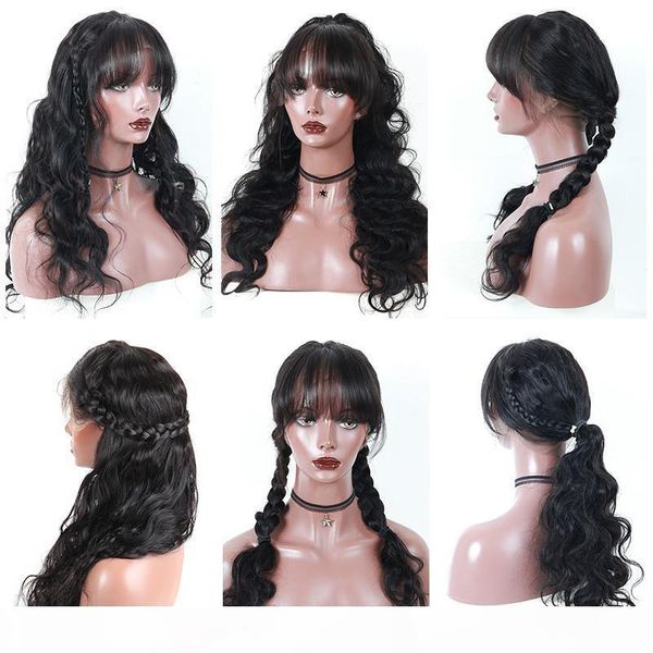 

360 lace frontal wig with bangs body wave 250 density 13x6 lace front human hair wigs pre plucked, Black;brown