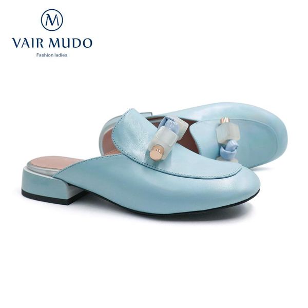 

slippers vair mudo women slides fashion sliper summer round toe genuine leather elegant blue footwear neutral shoeslt17, Black