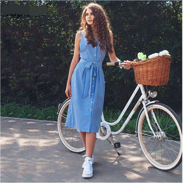 

2021 women's cotton suspender skirt stripe lace up mid length dress, Gray