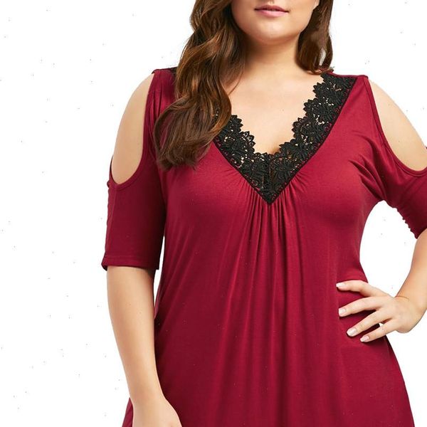 

jaycosin blusas plus size womens shirt short lace trim v neck cold shoulder strapless blouse mar29, White