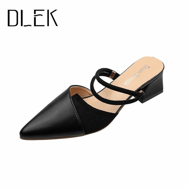 

dlek women chunky heels sandals casual buckle strap slipper pointed toe latex modern ladies spring summer sandals shoes, Black