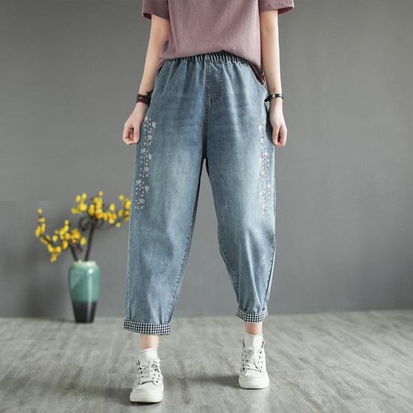 

women's jeans 2021 summer harem pants ethnic style embroidered straight high waist loose all-match casual, Blue