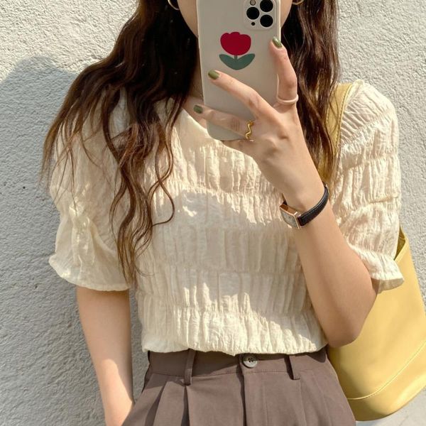 

women's blouses & shirts alien kitty minimalist solid pleated office lady o-neck 2021 femme chic ol loose streetwear shorts sleeves cas, White
