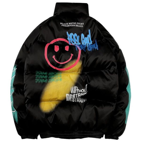 

2021 new hip hop parka happy graffiti print men windbreaker streetwear harajuku winter padded jacket coat warm outwear thick 8xl s9iw hqx9, Black