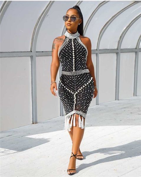 

casual dresses 2021 white black tassel beaded sleeveless cocktail party for women summer fashion backless dinner club midi dress, Black;gray