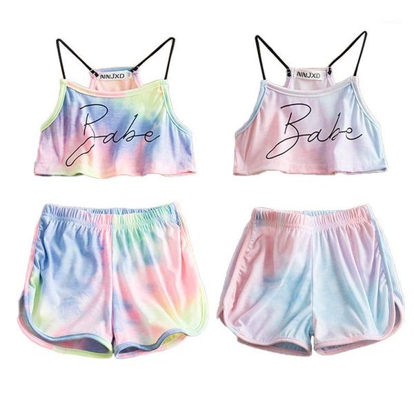 

toddler girls clothes set tie dye sleeveless straps tank + elastic waist short pants baby kids children summer tracksuit clothing sets, White