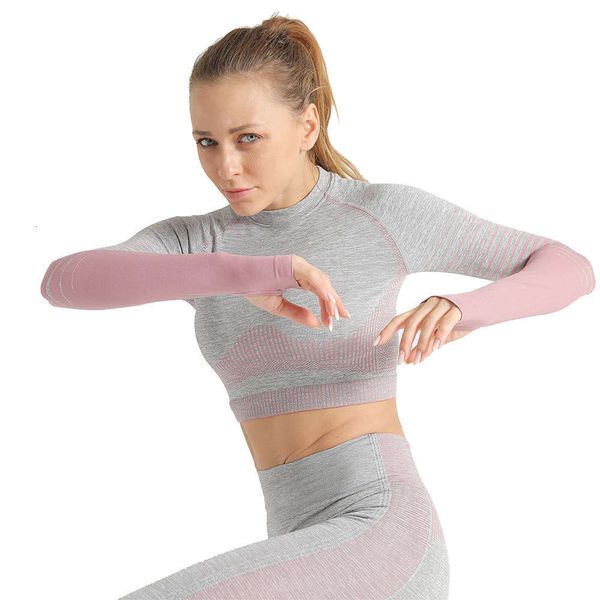 

promotion drying new women's sports running long sleeve high fast elastic tight yoga training suit, Gray