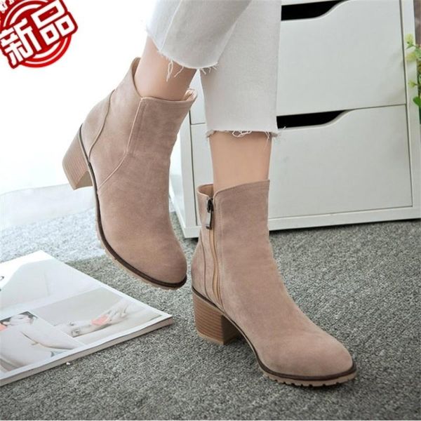 

boots british autumn winter side zipper thick heel high antiskid short large women's, Black