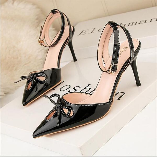 

dress shoes fashion show sweet bowknot high heels stiletto heel shallow mouth pointed side hollow women, Black