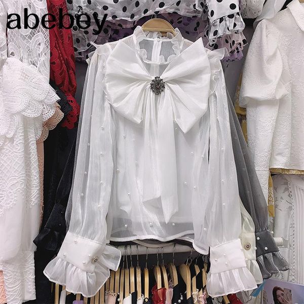 

women's blouses & shirts casual ruched bow collar lantern long sleeve lace up for female fashion 2021 clothing tide, White
