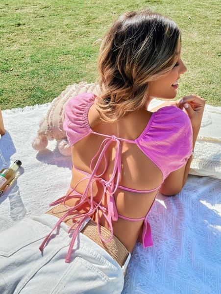 

square neck tie back ruffle hem blouse p0sw#, White