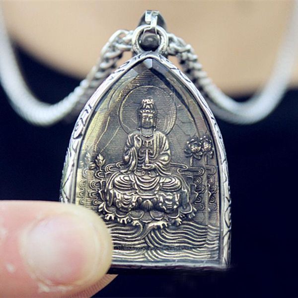

chains retro guanyin bodhisattva pendant men's necklace personality amulets trendy all-match hanging jewelry sweater chain, Silver