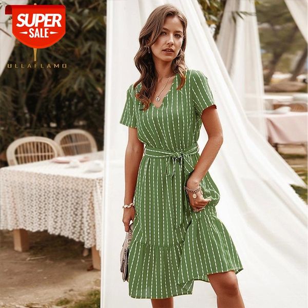 

short sleeve v collar dress lace up bow women dresses stripe ruffles dresses slim female midi dress high waist casual clothings #ci1s, White;black