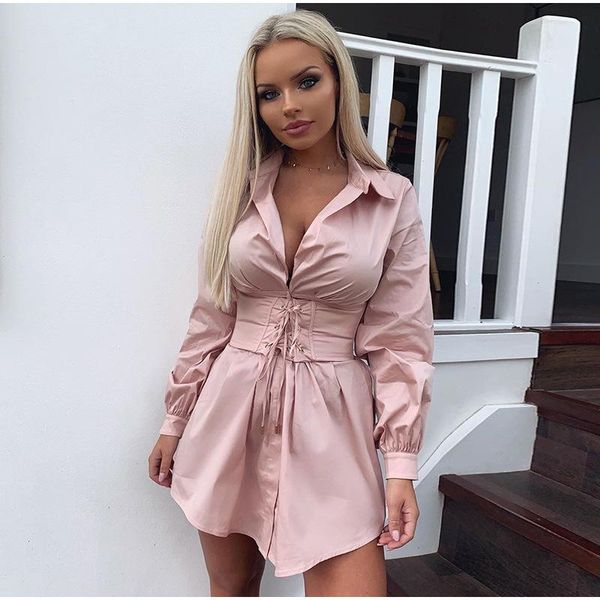 

casual dresses women long sleeve shirt dress with corset tunic belt ladies vintage pink elegant fashion party evening mini, Black;gray