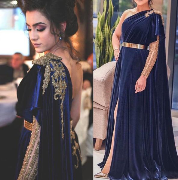 Elegante monospalla blu navy Dubai abiti da sera lunghi a-line in velluto abiti da cerimonia per occasioni formali perline dorate fessure per le cosce arabo abito da ballo da ballo Robe De Soriee 2021