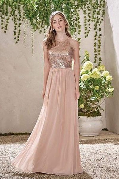 Gül Altın Sequins Gelinlik Modelleri Uzun Şifon Plaj Gelinlik Halter Backless Bir Çizgi Sapanlar Ruffles Balo Elbise