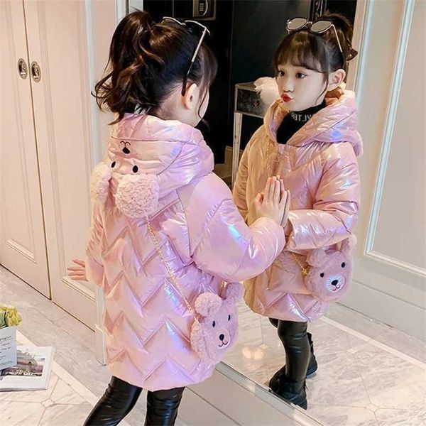 3-10 ano meninas casaco de moda longa jaquetas para baixo para inverno espesso parkas quentes snowsuit urso bonito com capuz crianças outerwear 211027