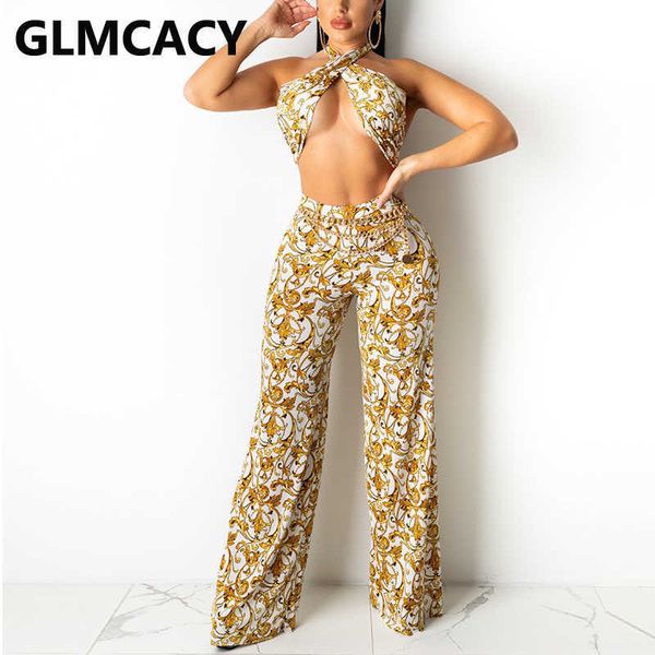 

two piece beach suits halter backless crop & vintage loose pants set 210702, White