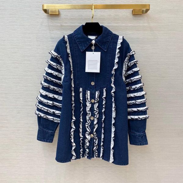 

women's jackets novelty denim jacket women 2021 est high-end designer ruffles patchwork lapel sleeve loose long coat streetwear outwear, Black;brown