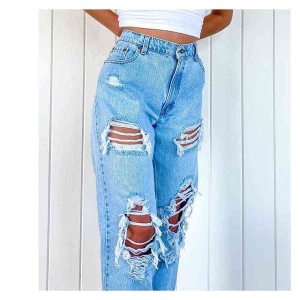 

cargo jeans women highwaist pants women's ripped slimming blue hole fashion 211129